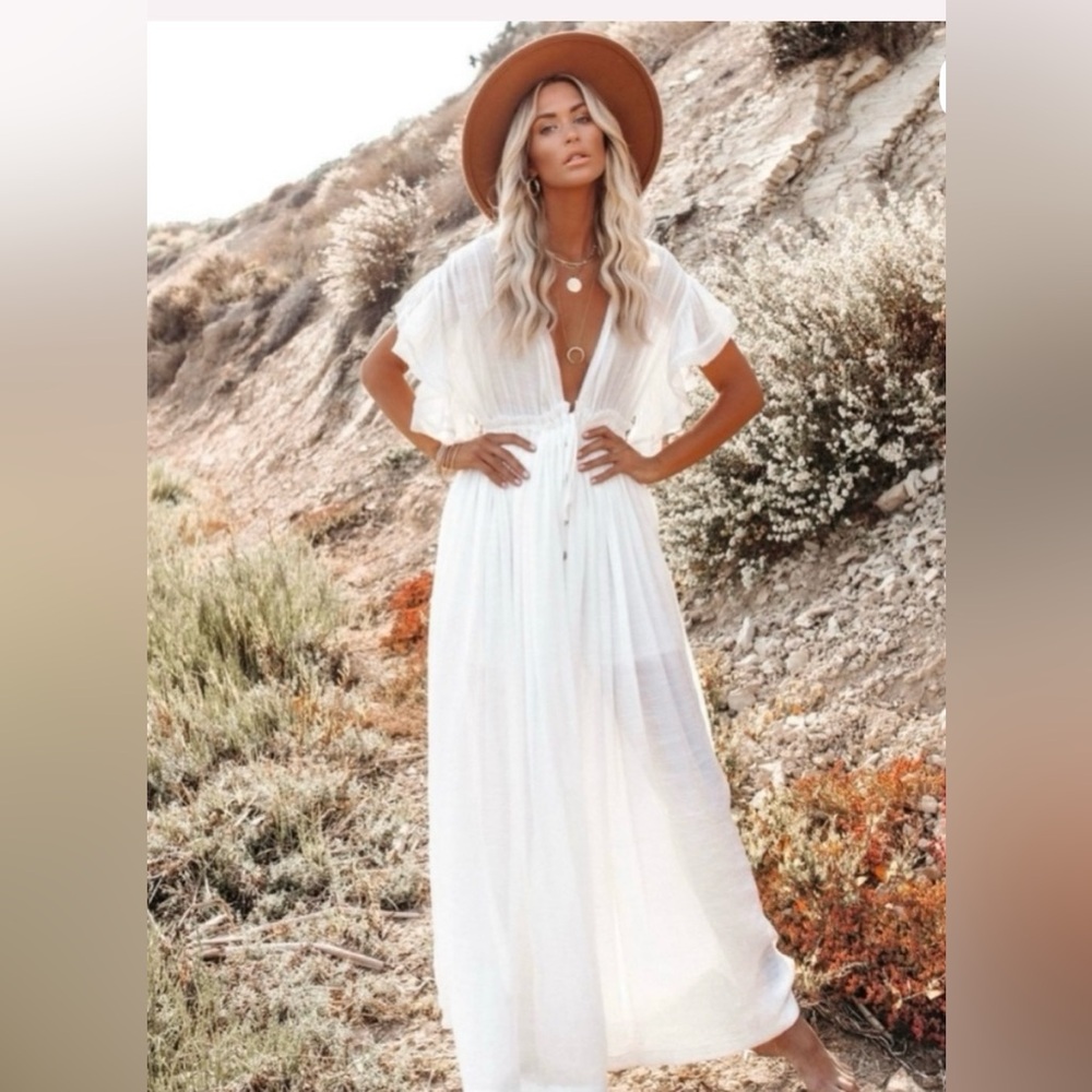Cupshe White Bohemian Maxi Dress with Tie Waist